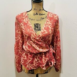 Women Express Pink Paisley Flowy Long Sleeve Front Tie Wrap Top Size L